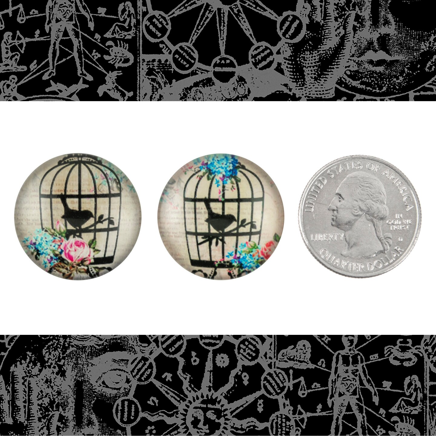 25mm Round One Bird in Ornate Bird Cage Cabochons - Set of Two - CAB66
