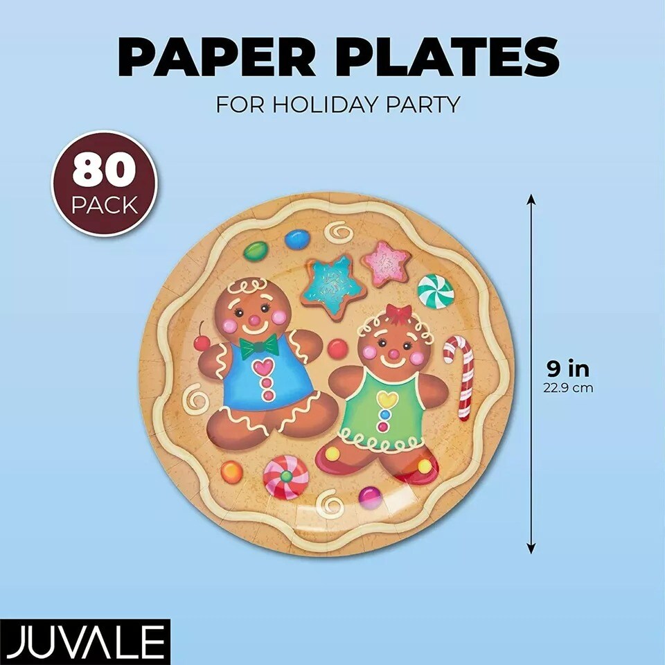 80x Christmas Paper Plate Disposable for Holiday Party Gingerbread Dinnerware 9&#x201D;