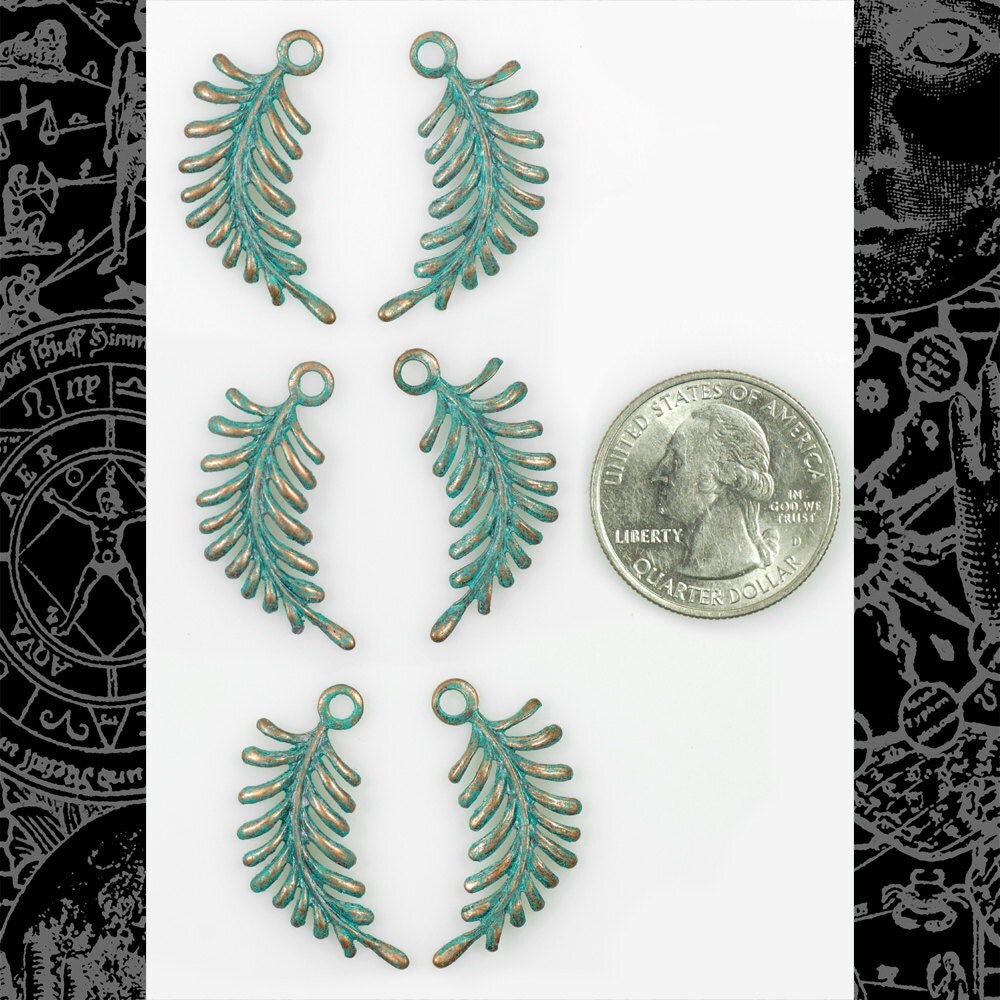 Verdigris Finished Brass Twisted Fern Charms - Three Sets of Two - V-C01