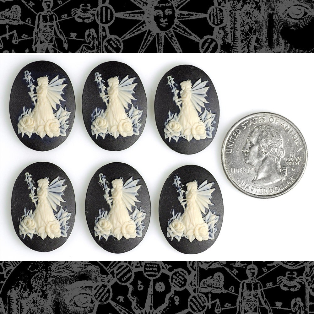 Black and White Queen Fairy Cameos 24mm x 18mm Cameos - Set of Six - CAM123