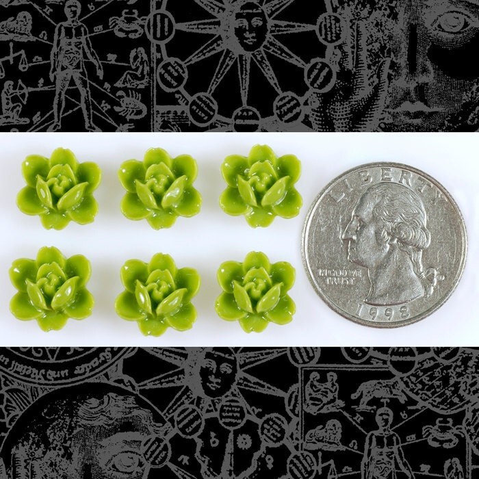 Avocado Green Lotus Mini Cameo Cabochons 12mm x 11mm - Set of Six - Flwr60
