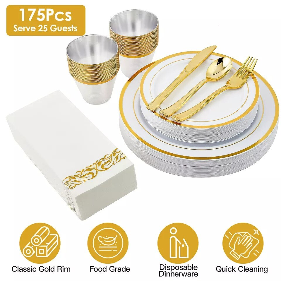 175 Piece Gold Plastic Disposable Plates Cup Dinnerware 25 Set for Wedding Party