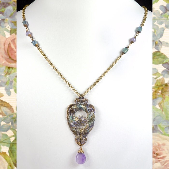 Antiqued Silver Plated Brass Vintage Double Peacock Pendant - One - S-P41