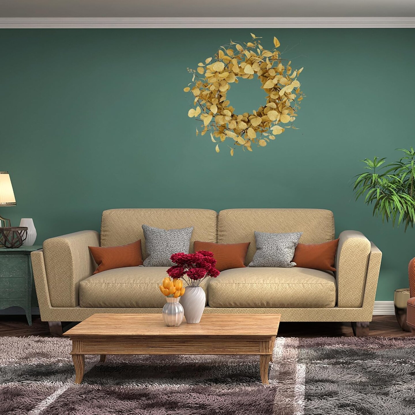 Artificial Fall Eucalyptus Wreath for Front Door with Beige Eucalyptus Leaves,Dry Vine Branches