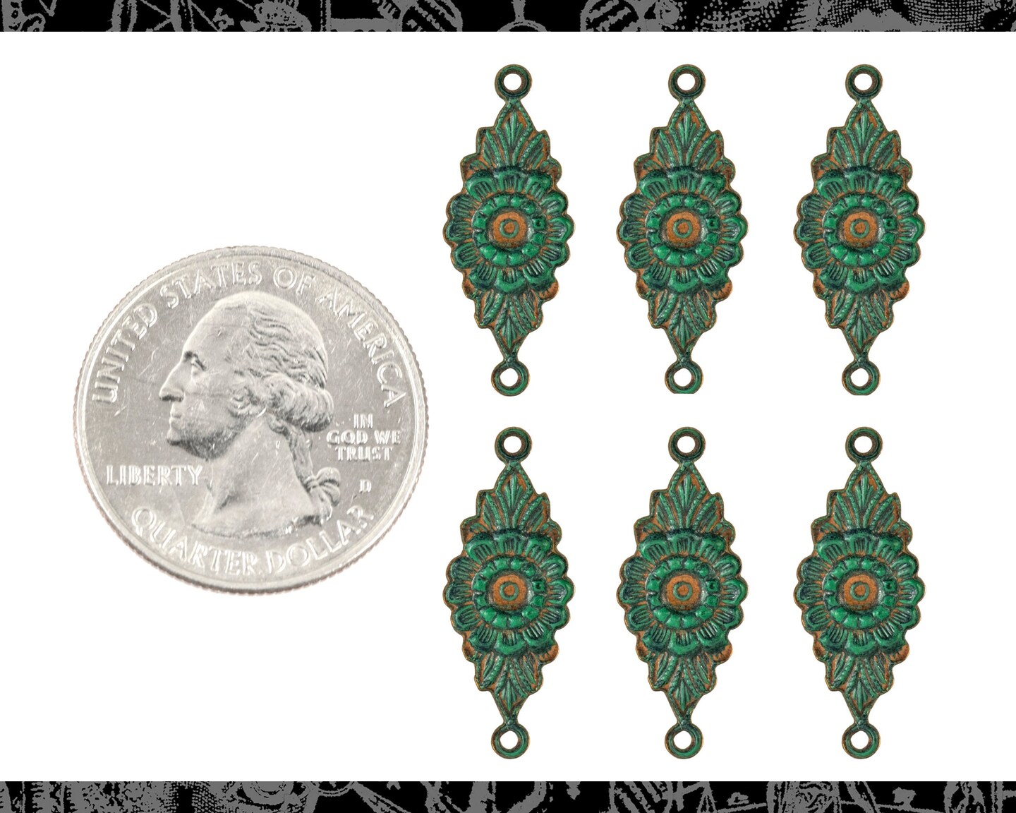 Verdigris Finished Brass Flower Two Ring Connectors - Set of Six - XXX - V-2C06