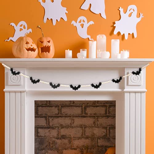 Halloween Decorations Indoor/Outdoor, Wood Halloween Felt Bats Bead Garland Banner for Halloween Decor, Farmhouse Halloween Decorations for Fireplace Mantle Walls