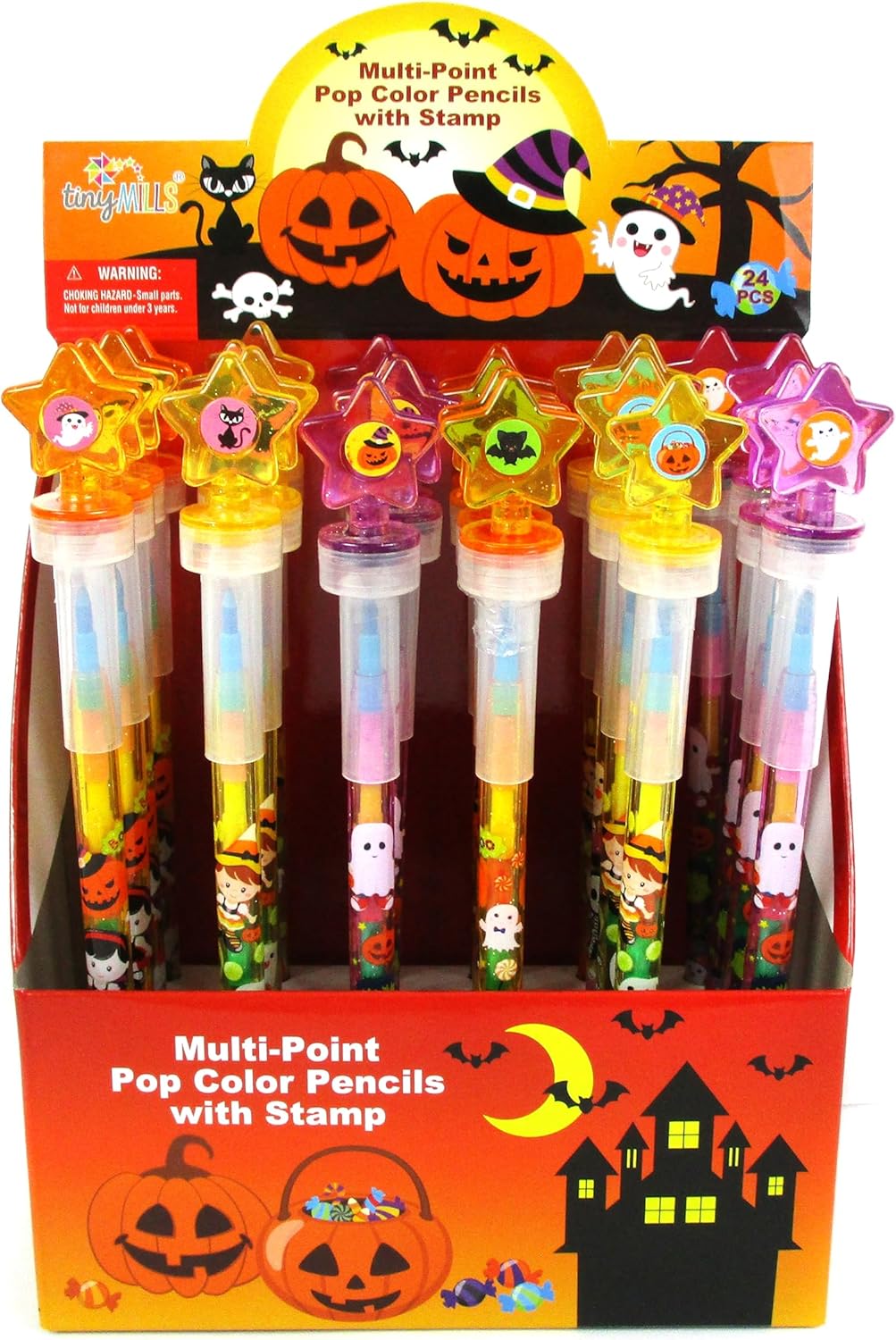 TINYMILLS 24 Pcs Halloween 2 in 1 Stackable Stacking Crayon with Extra Stamper Topper,