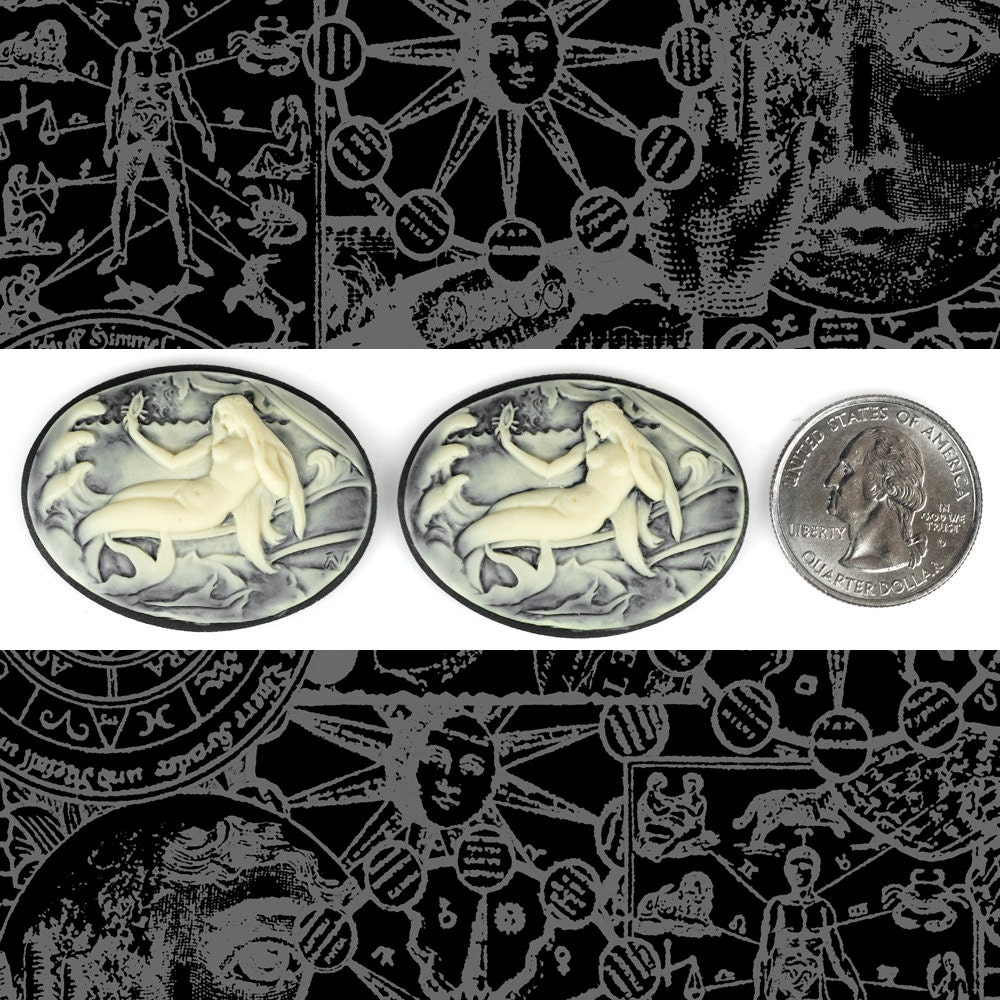 Black and Cream Mermaid Cameos 30mm x 40mm Cameos  - Set of Two - CAM154