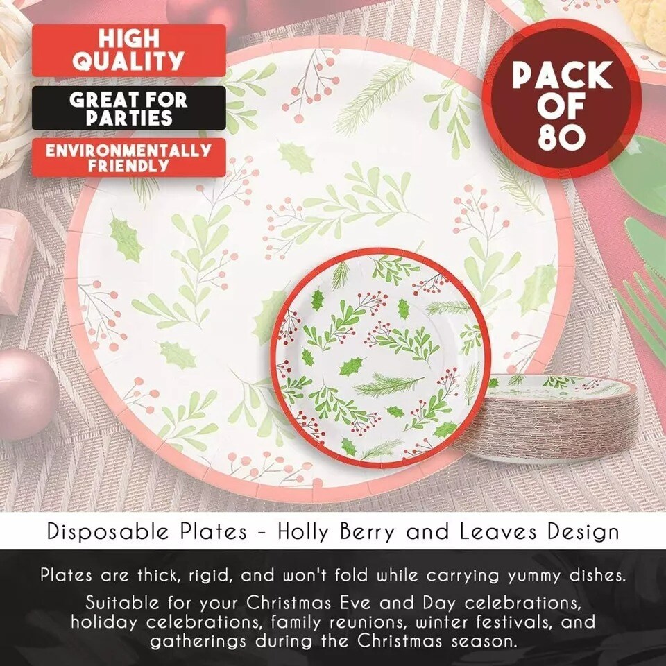 80 Pack Holly Berries Christmas Paper Plates for Holiday Party Supplies, 9 In