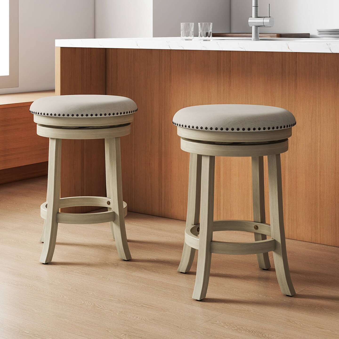 Costway 26.5&#x22; Swivel Bar Stools Set of 2/4 Round Counter Height Barstools with Wooden Frame