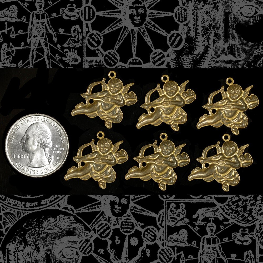 Antiqued Brass Cherub with Bow and Arrow Charms - Set of Six - AB-C78