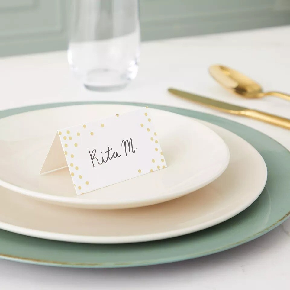 100 Pack Wedding Name Place Cards for Table, Gold Polka Dot Cards, 2x3.5 In