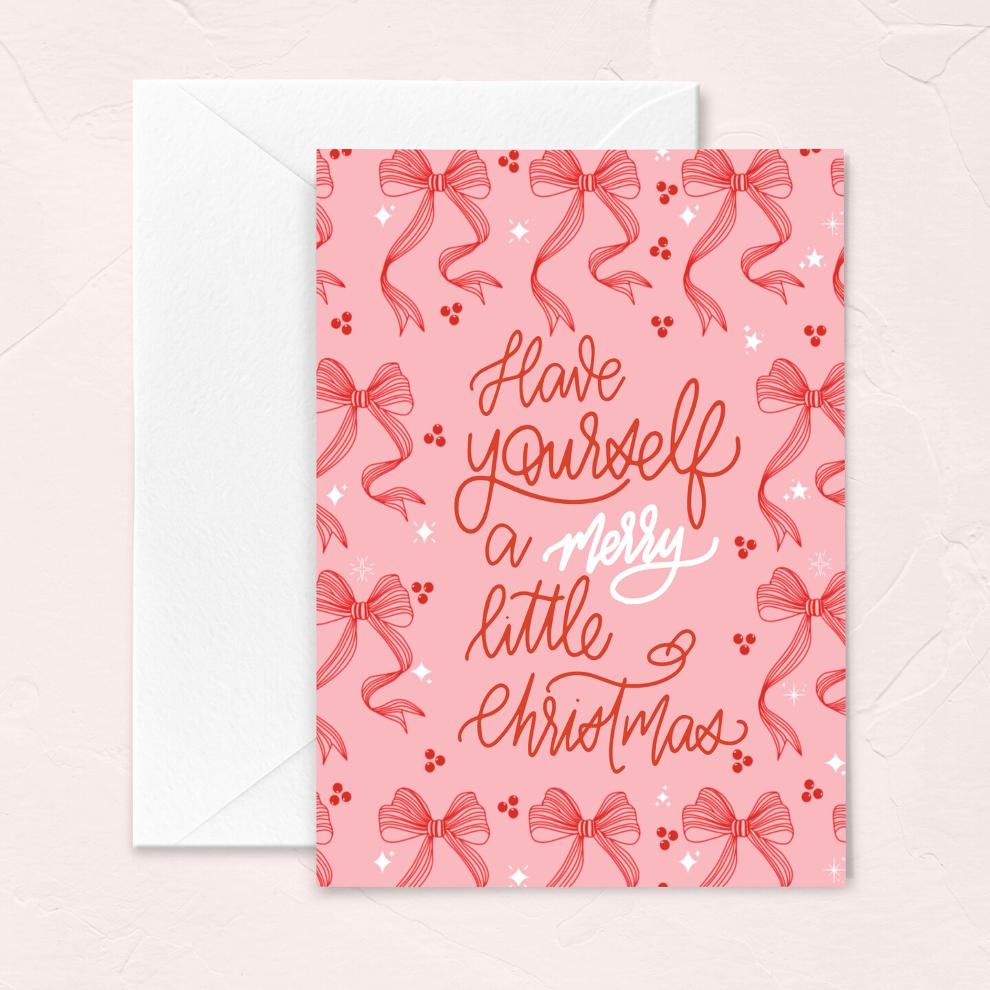 Red Bow Christmas Card, Holiday Greeting Card, Merry Little Christmas, Pink Christmas Card