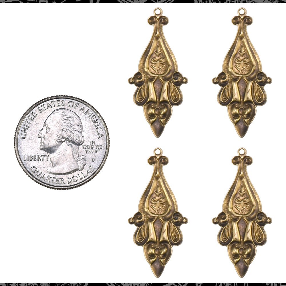 Antiqued Brass Long Decorative Art Deco Charms - Set of Four - AB-C211