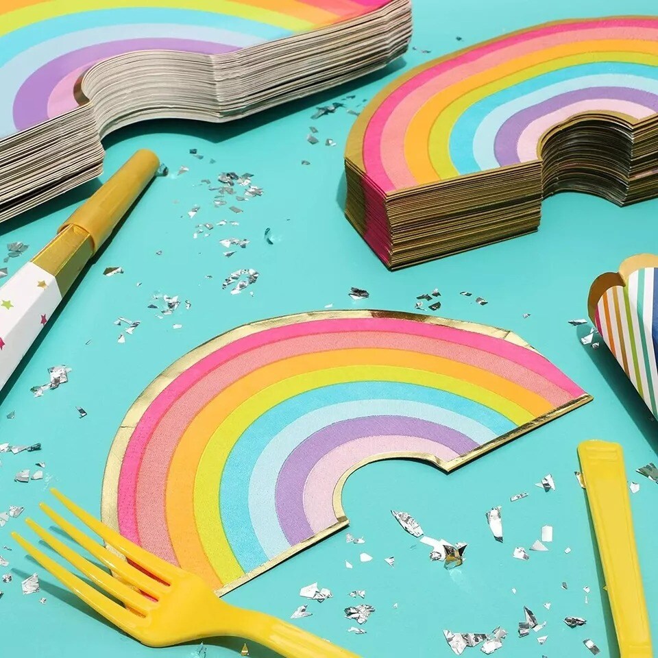 Rainbow Party Napkins with Gold Foil 50PC for Theme Parties, Kids Party, 6.5 &#x22;