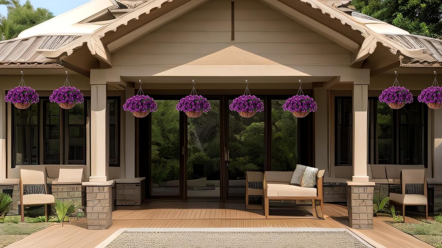 Artificial Hanging Plants Flowers with Basket for Spring Summer Outdoor Outside Decoration, Artificial Petunias Morning Glories Fake Plants for Patio Garden Porch Deck Yard