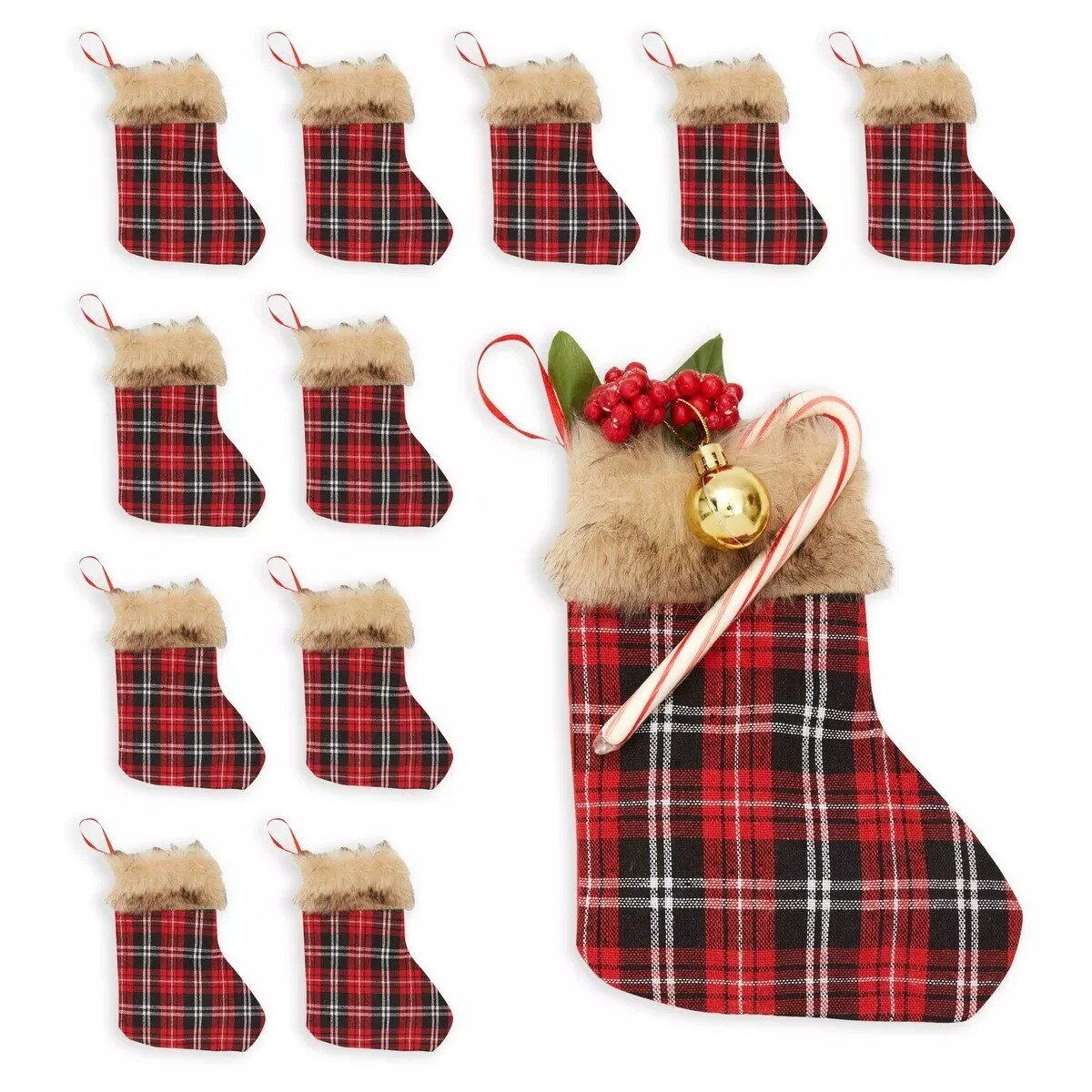 12 Pack Buffalo Plaid Christmas Stockings for Holiday Home Party Decoration 6x8”