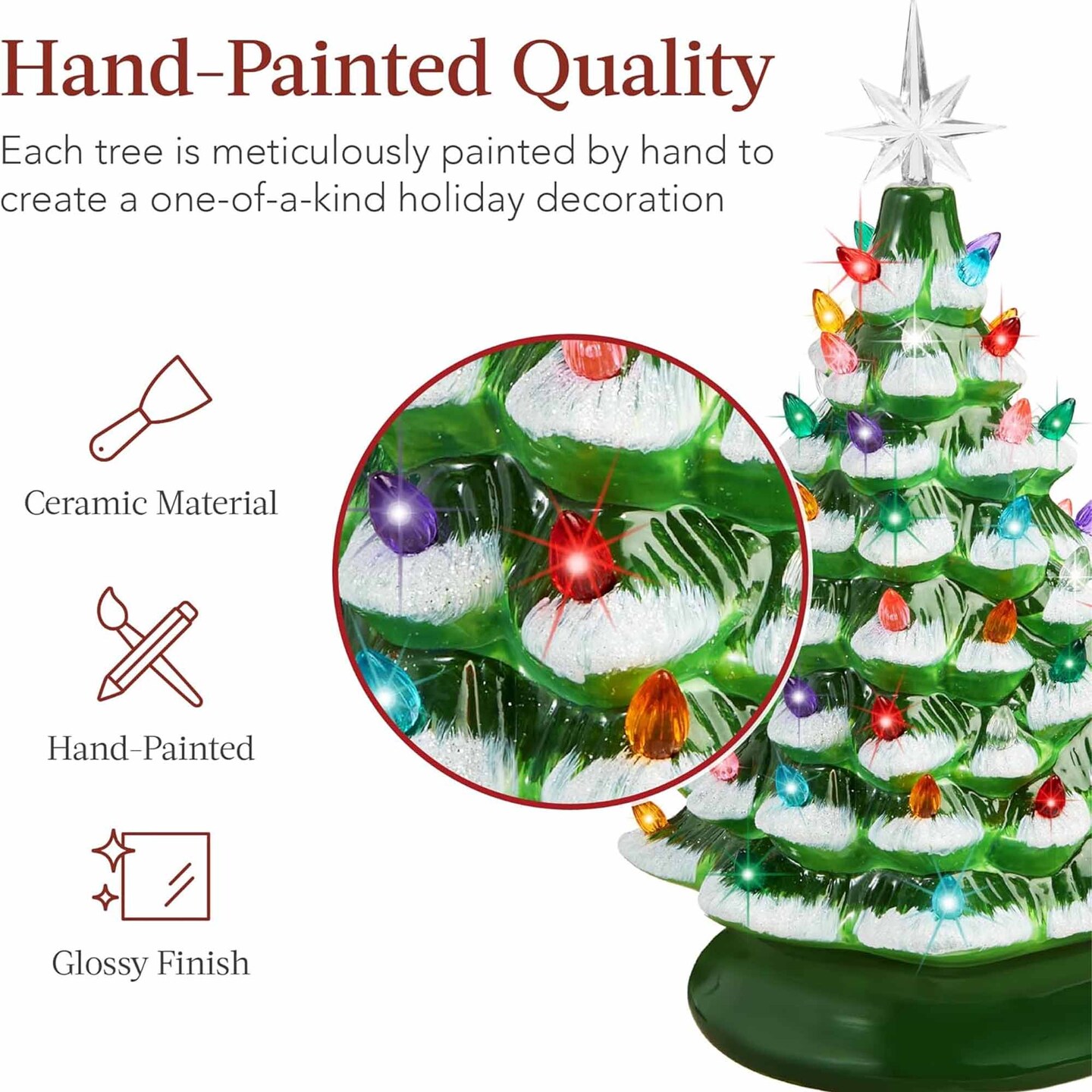 Ceramic Christmas Tree, Pre-lit Hand-Painted Tabletop Holiday Tree