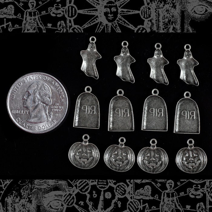 Antiqued Silver Plated Brass Halloween Charms Four Ghost Four Pumpkin and Four Gravestone Charms - Set of Twelve - S-CSet02