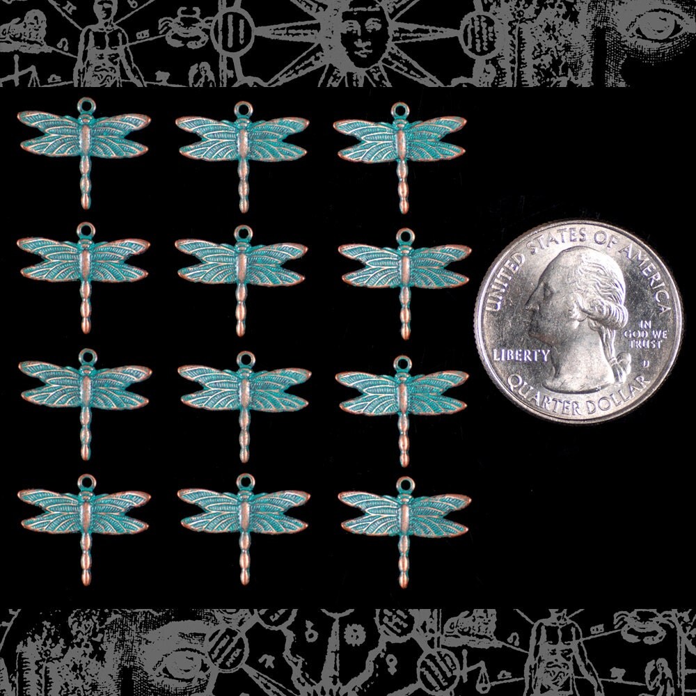 Verdigris Finished Brass Dragonfly Charms with Up Tilted Wings - Set of Twelve- V-C09