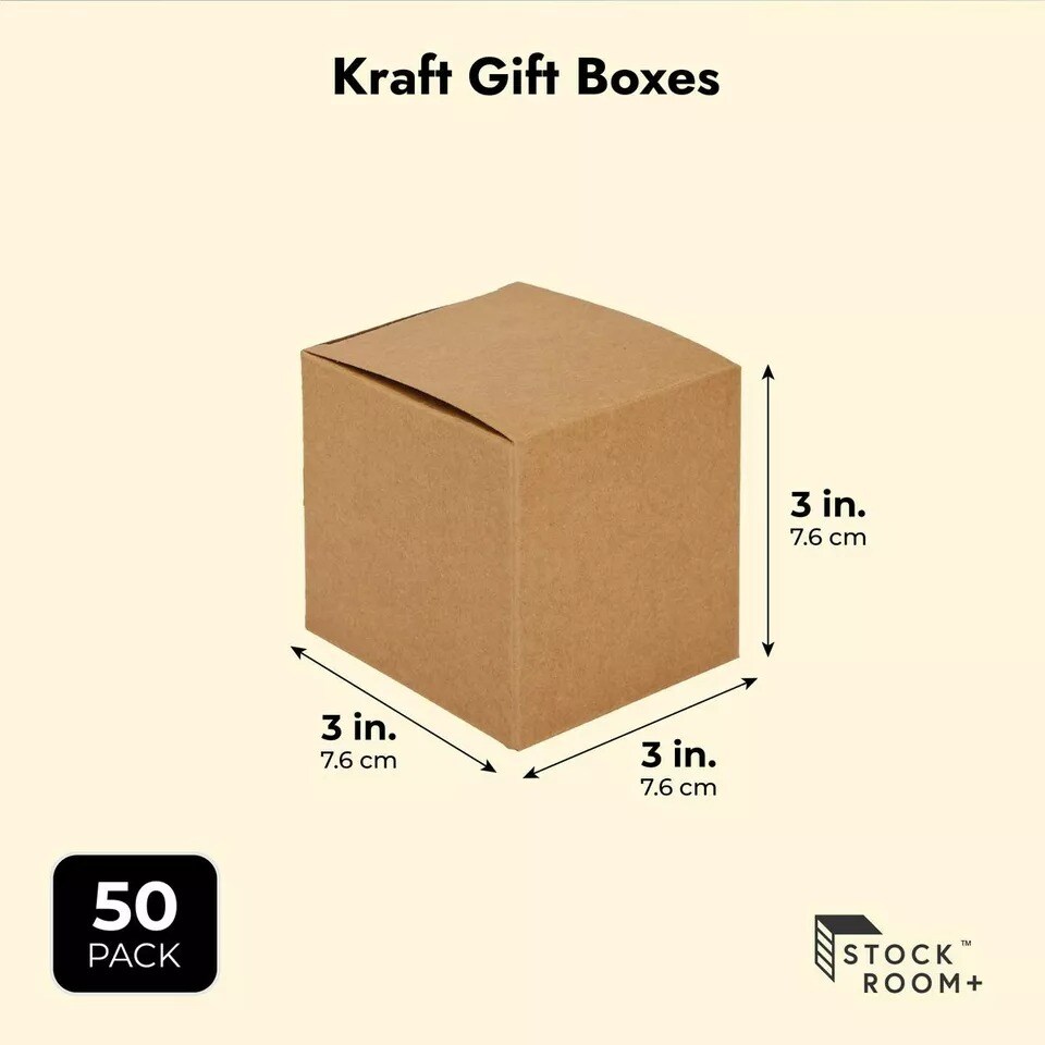 50 Pack Kraft Brown Paper Gift Boxes, Bulk Set with Ribbon and Stickers, 3x3x3"