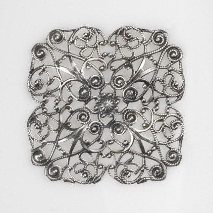 Antiqued Silver Plated Brass Ornate Large Square Filigree - S-W01
