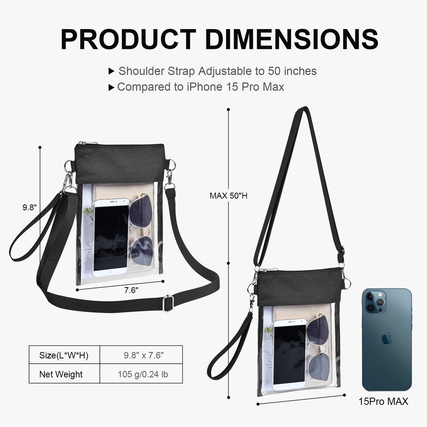 Clear Crossbody Purse Bag Stadium Approved Clear Tote Bag for Work Concert Sports(Clear Black)