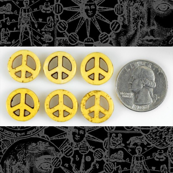 Yellow 15mm Magnesite Peace Sign Beads - Set of Six - PB5