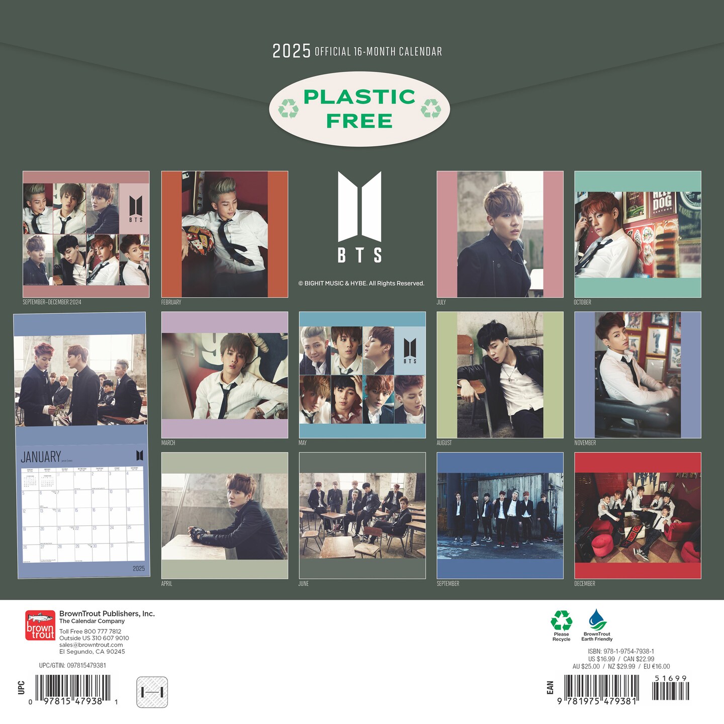 BTS OFFICIAL | 2025 12 x 24 Inch Monthly Square Wall Calendar | Plastic-Free | BrownTrout | K-Pop Bangtan Boys Music