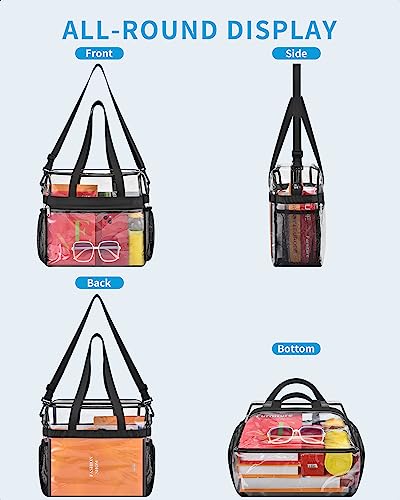 Clear Bag for Stadium Events 12x6x12, Large Clear Tote Lunch Bag Stadium Approved with Reinforced Shoulder Straps for Concert Outfits and Festival, Transparent Handbag for Women - Black