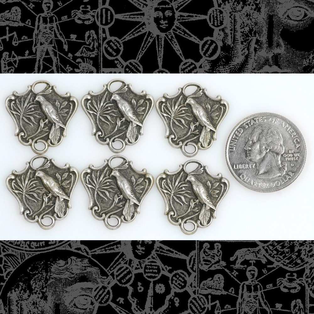 Antiqued Silver Plated Brass Embossed Bird Shield Connectors - Set of Six - XXX - S-2C33