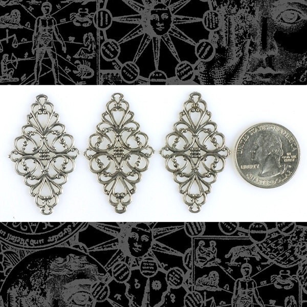 Antiqued Silver Plated Brass Diamond Shaped Filigree Wraps - Set of Three - S-W10