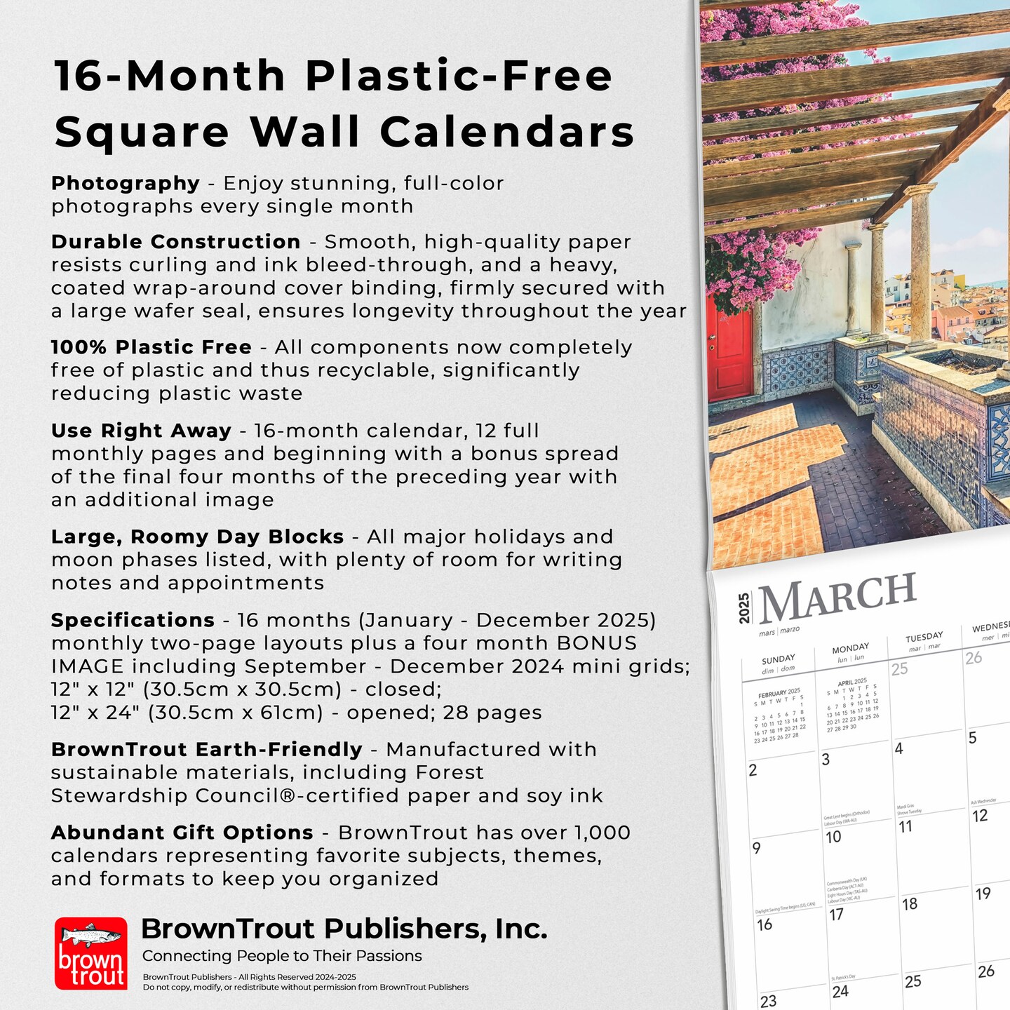 Portugal | 2025 12 x 24 Inch Monthly Square Wall Calendar | Plastic-Free | BrownTrout | Travel Europe Lisbon Atlantic
