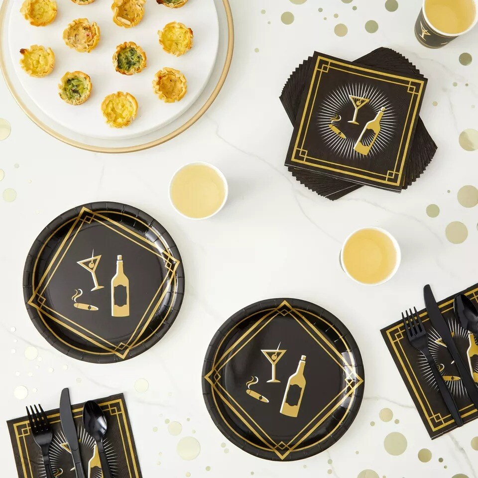 144 Piece Roaring 20s Disposable Dinnerware Set for 1920s Theme Party, Serves 24