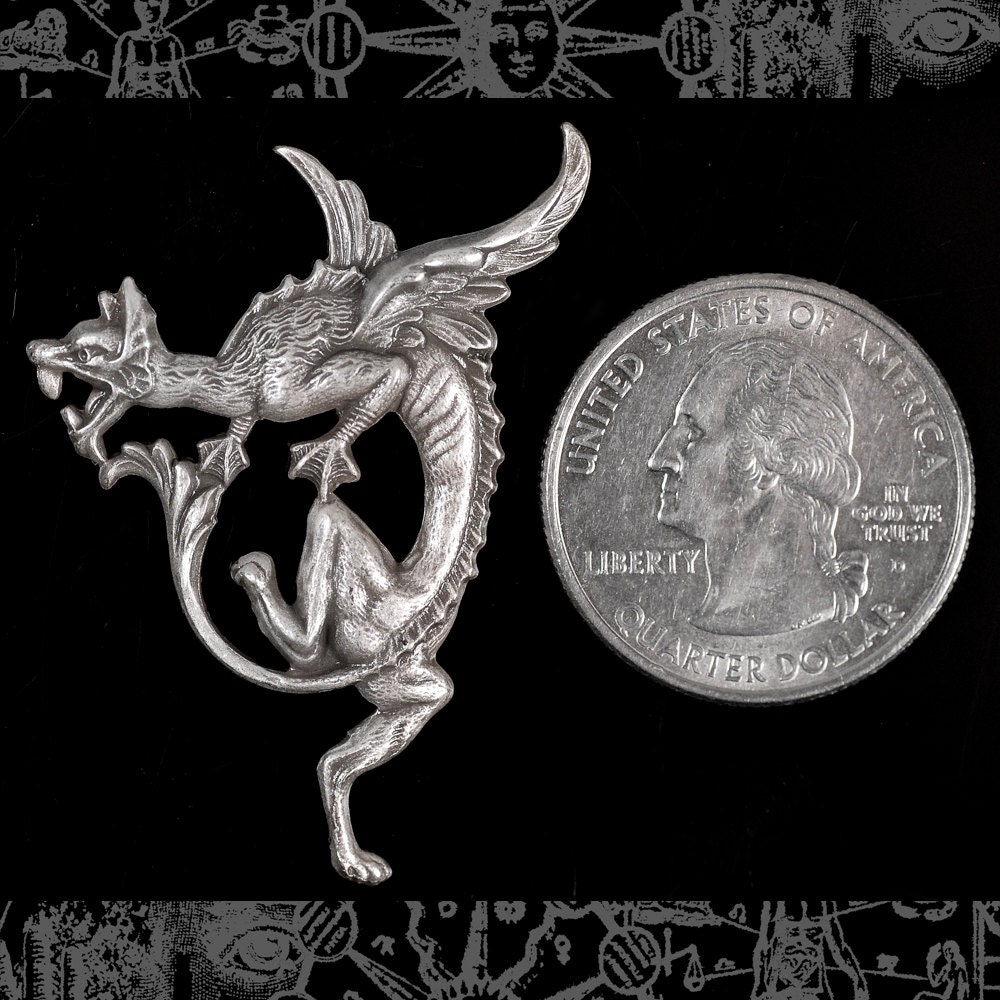 Antiqued Silver Plated Brass Flying Dragon Pendants Stampings - Set of Two - S-P77
