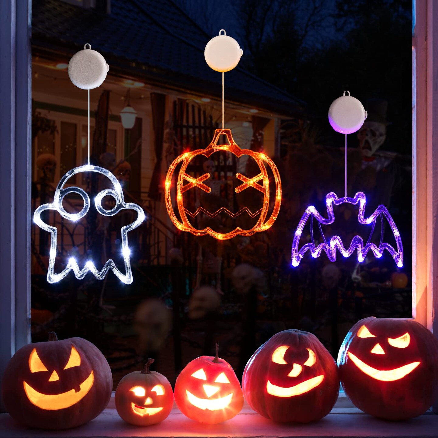 3 Pieces Halloween Decorations Orange Pumpkin, White Ghost, Purple Bat Halloween Window Lights with Suction Cup, Battery Operated Halloween Lights, Upgrade Slow Fade Mode and Timer Function