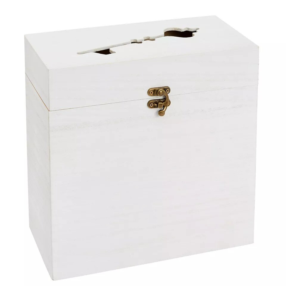 Rustic Wooden Wedding Card Box with Lock and Slot for Reception, White, 9.8x5x10