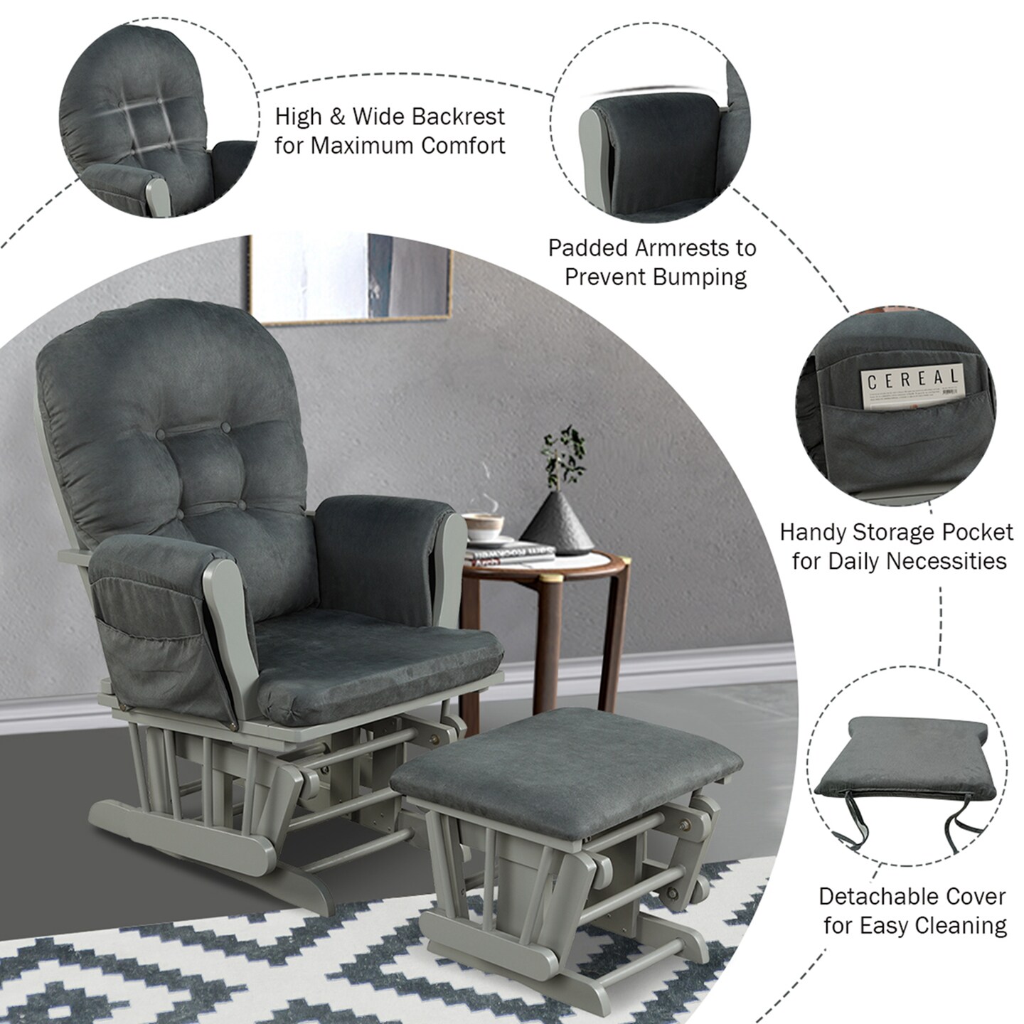 Costway Glider and Ottoman Cushion Set Wood Baby Nursery Rocking Chair Beige/Brown/Dark Grey/Light Grey/Pink/Grey