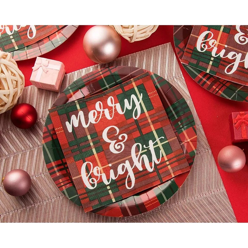 100 Pk Merry and Bright Paper Napkins, Plaid Christmas Party Supplies, 6.5x6.5"