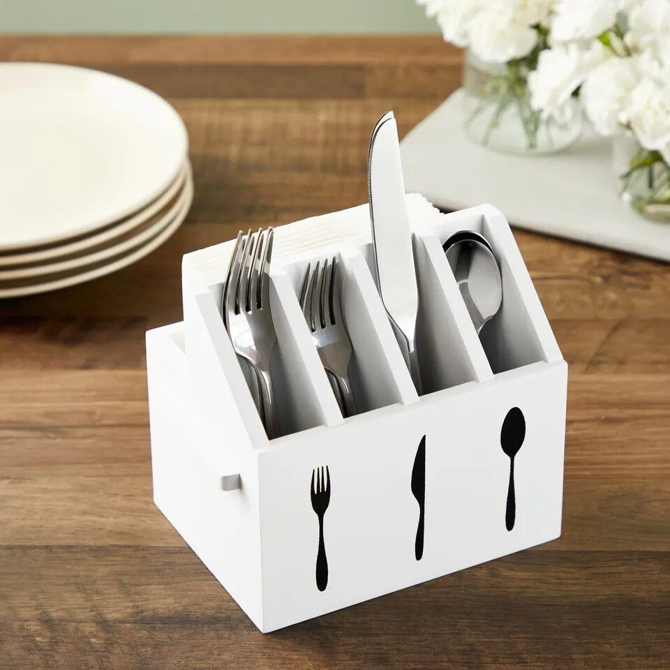 Wooden Utensil Holder for Countertop (7 x 5.25 x 6.5 Inches, White)