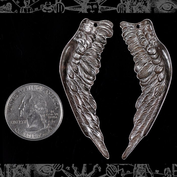 Antiqued Silver Plated Brass Huge Angel Wing Charms Pendants - One Set of Wings - S-P54
