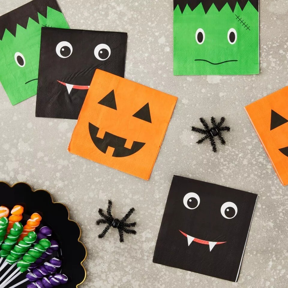 150 Pack Halloween Paper Napkins, Jack-O-Lantern, Pumpkin, Bat for Party 5x5 In