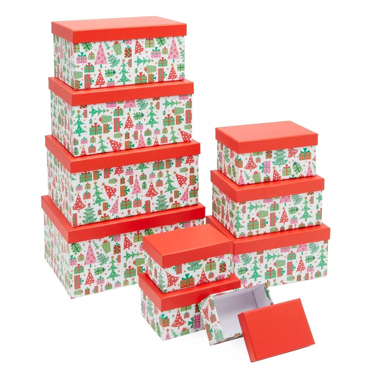 10 Pack Nesting Christmas Gift Boxes with Red Lids for Presents in 10 Sizes
