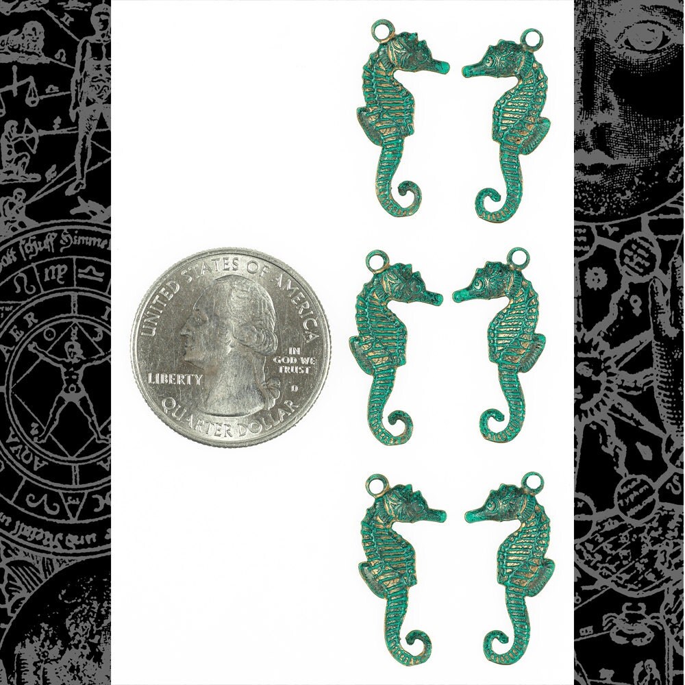 Verdigris Finished Brass Small Flat Sea Horse Charms - Set of Six - V-C156