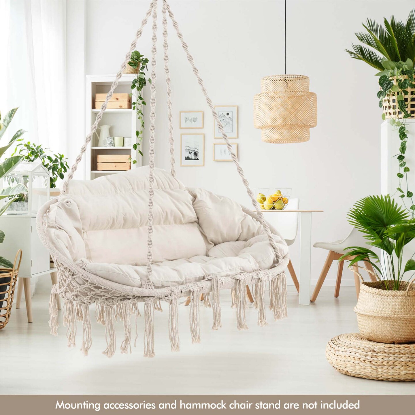 Costway Swing Chair Hand-Woven Rope Hanging Chair with Thick Cushion &#x26; Folding Metal Frame