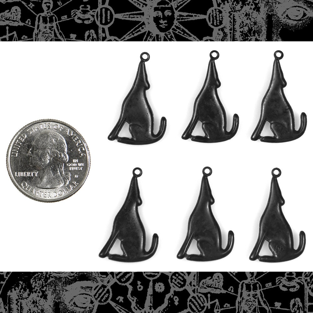 Black Plated Brass Howling Coyote or Wolf Charms - Set of Six - XXX - BB-C139
