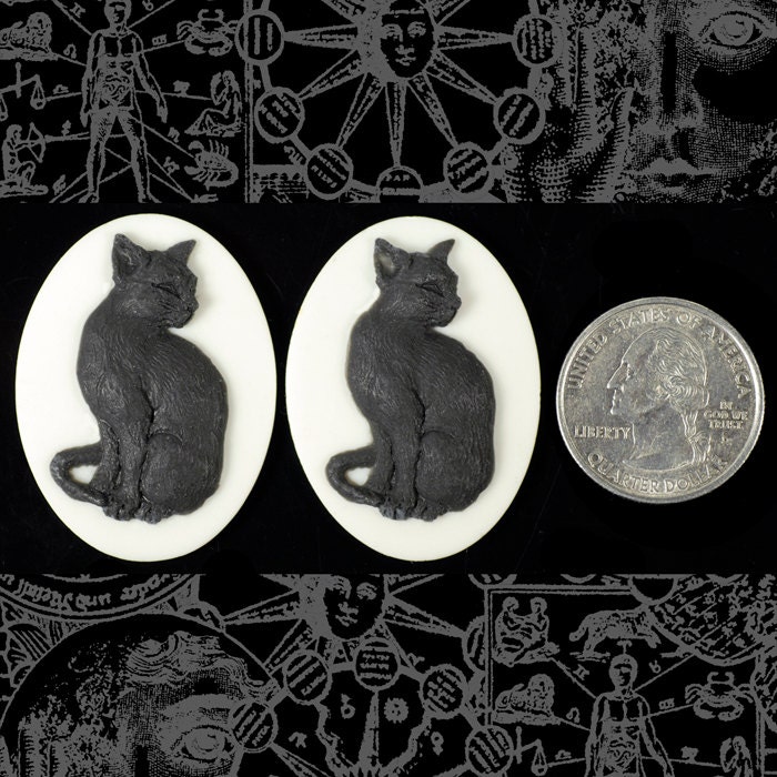 Black Cat Cameos Black and White Cat 30mm x 40mm Resin Cameos - Set of Two - CAM98