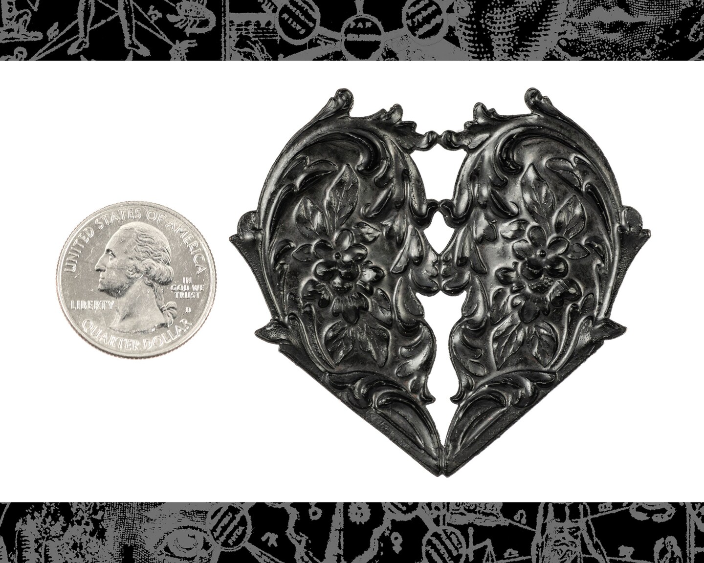 Black Plated Brass Floral Filigree Victorian Heart Pendant - BB-P02