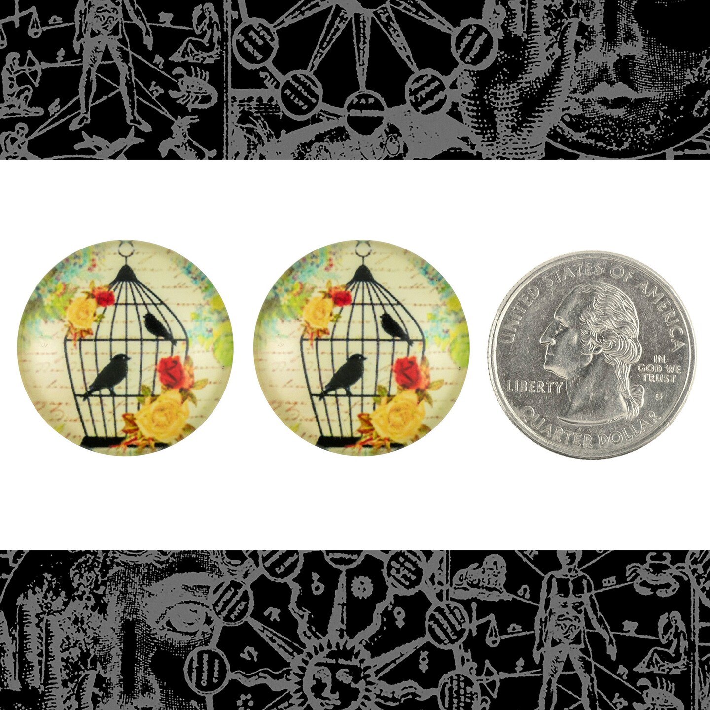 25mm Round Two Birds in Ornate Birdcage Cabochons - Set of Two - CAB64
