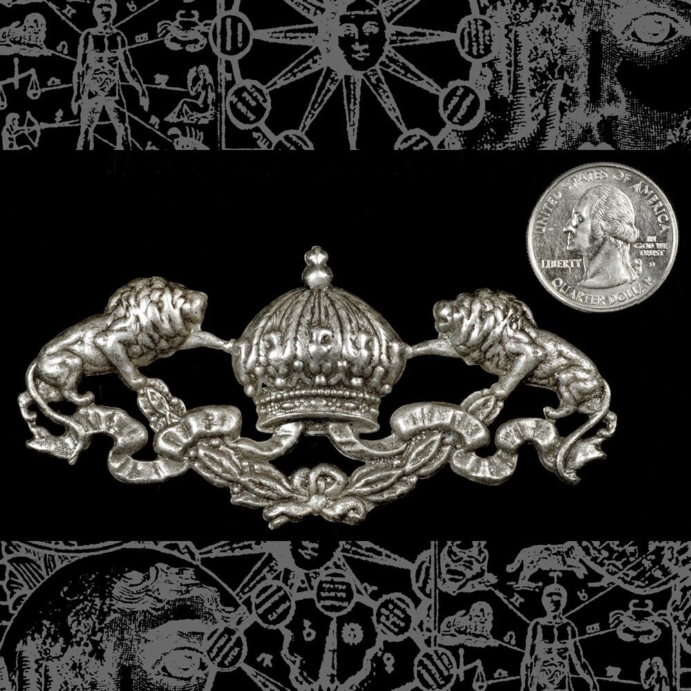 Antiqued Silver Plated Brass Huge Lions and Crown Decorative Embellishment Ornament Pendant - S-P88